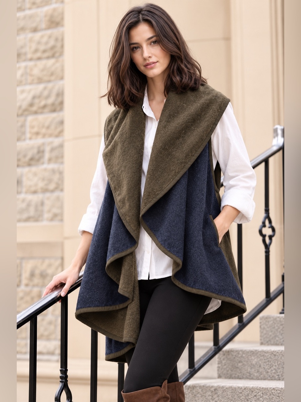 NWOT LOOK by M Reversible Draped Cardigan Wrap Vest Olive/Army Green Navy